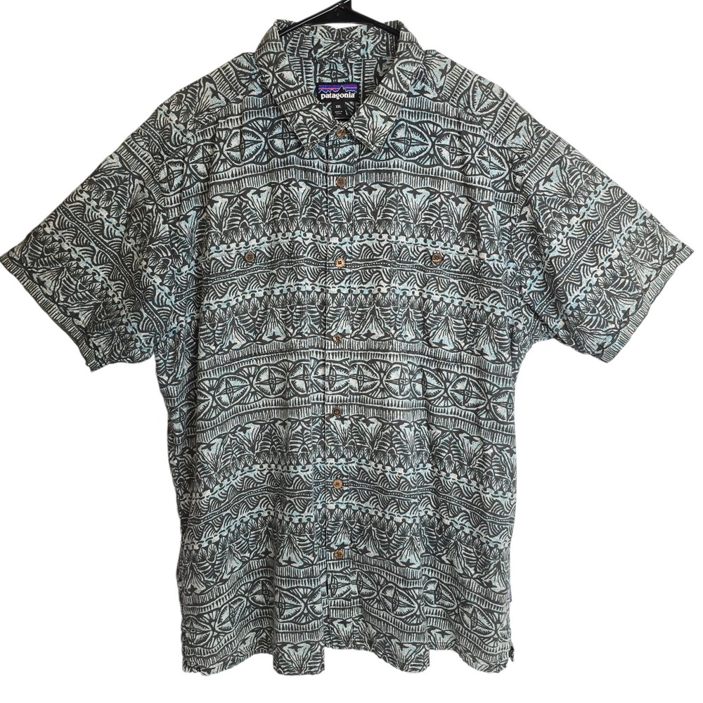 Patagonia‎ Back Step Shirt Mens XXL Black Blue Hemp Organic Cotton Aloha Camp